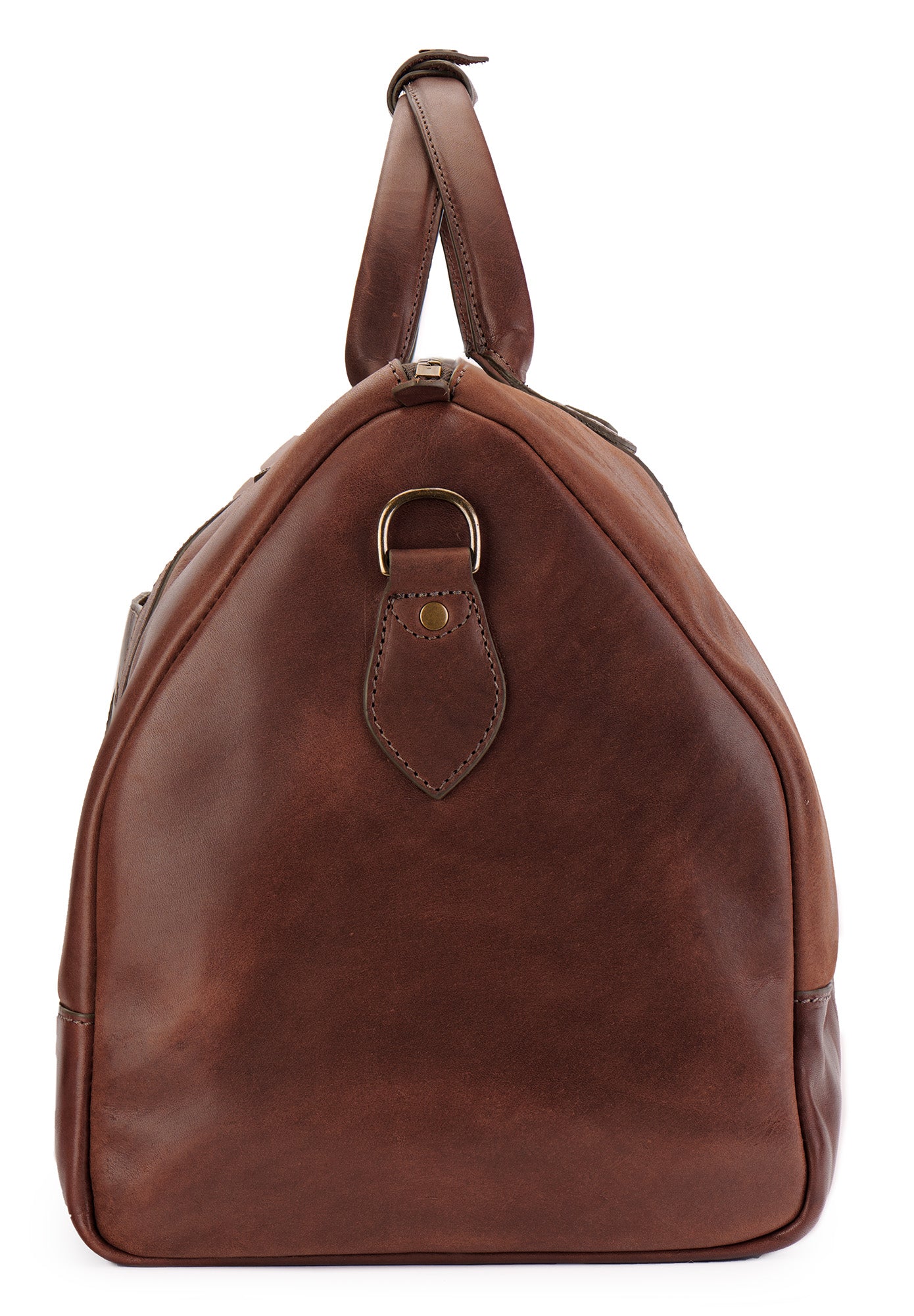 side of vintage brown leather duffle bag
