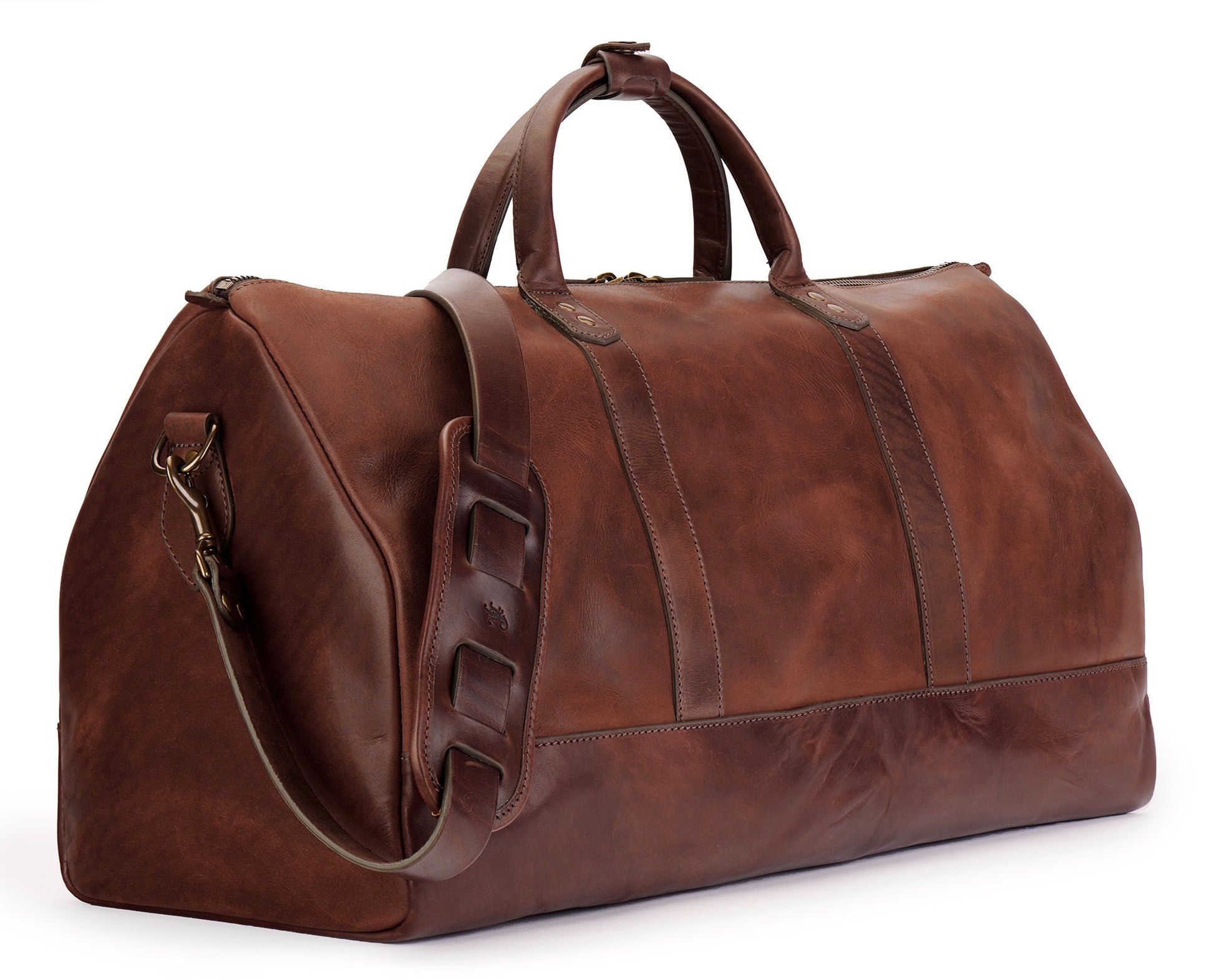 angle view of full grain leather duffel bag in vintage brown color