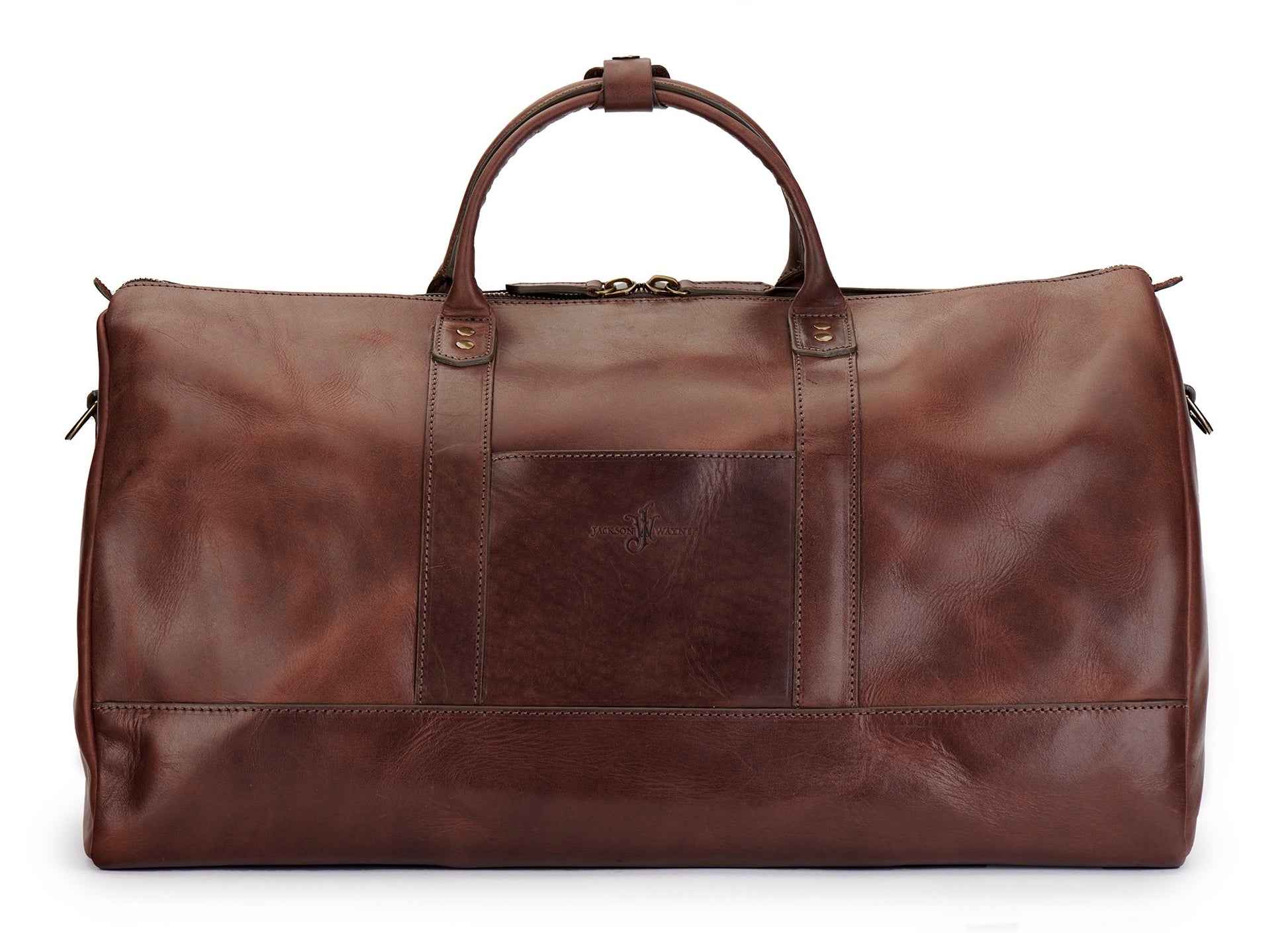 back of full grain leather weekender bag in vintage brown color by Jackson Wayne 