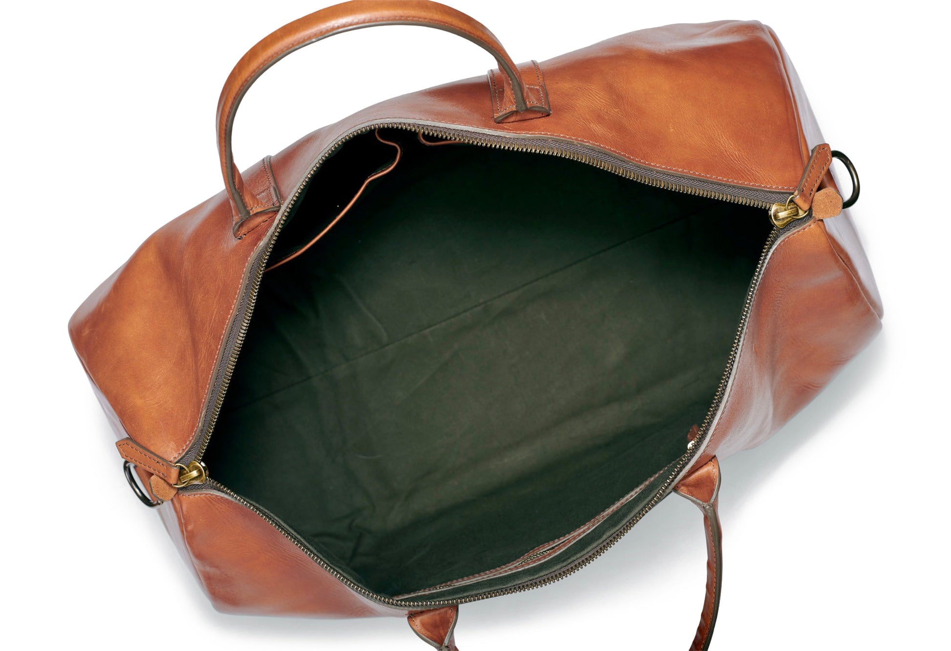 inside water repellent army green canvas of full grain leather duffle by Jackson Wayne 