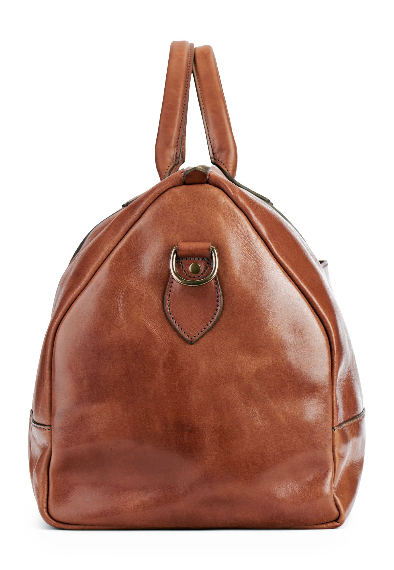 side end of full grain leather duffel bag in tan