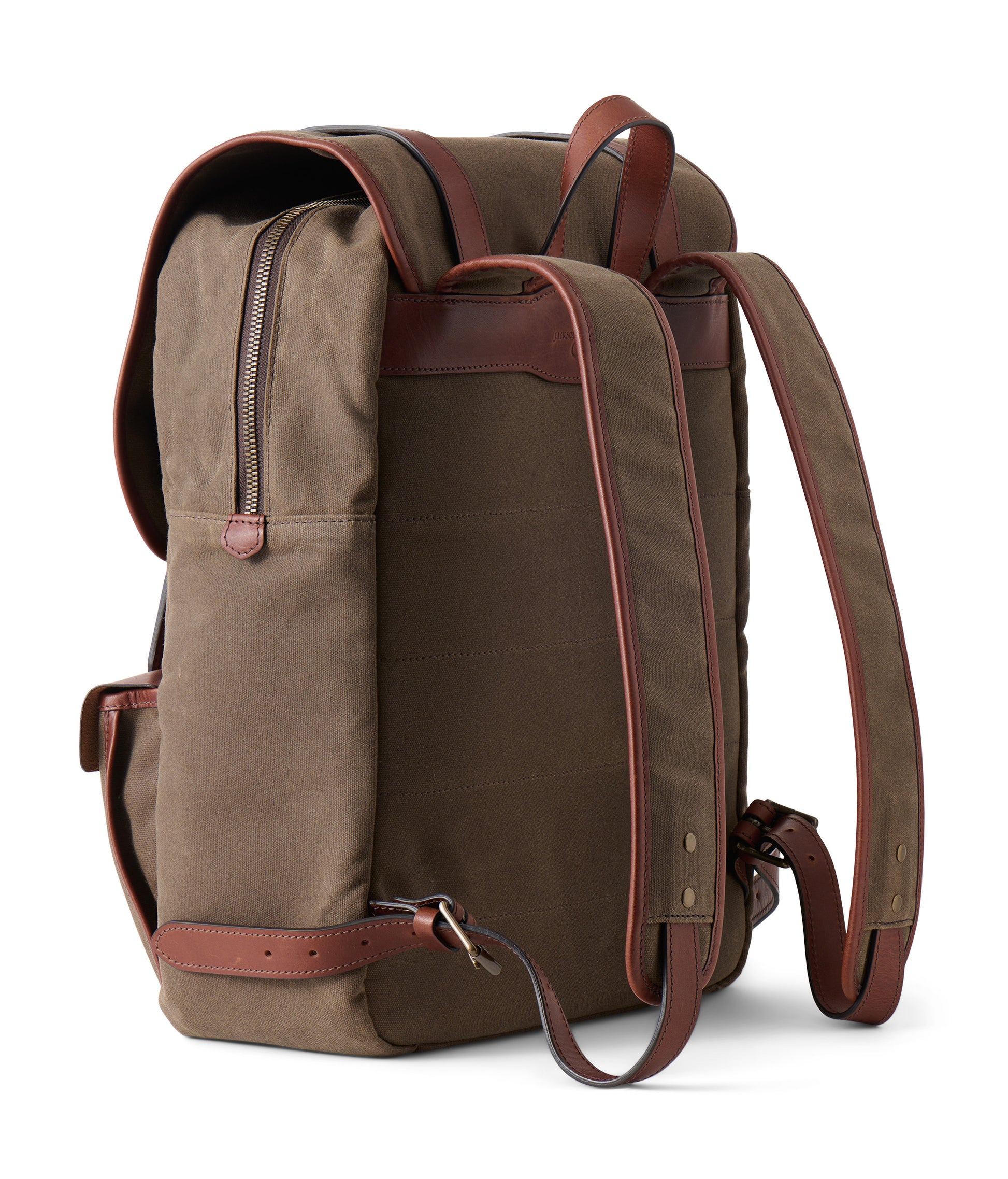 Founder's Backpack back angle view, full grain leather & waxed canvas men's adventure backpack 