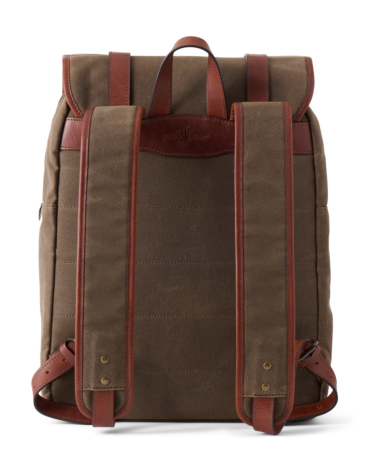 Founder's Backpack by Jackson Wayne, back view pictured in full grain leather and martexin waxed canvas field tan color