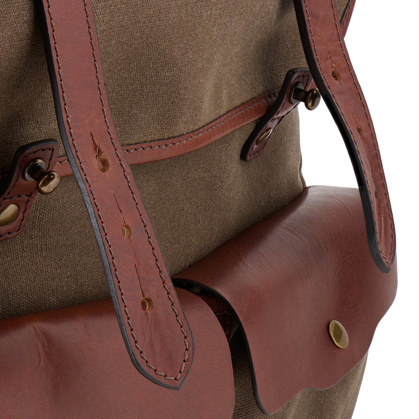 Founder's Backpack close up detail open straps vintage brown leather waxed canvas field tan color