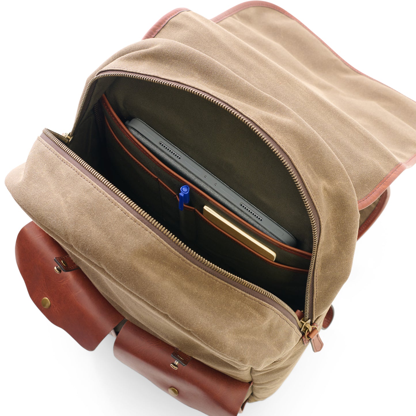 Founder's Backpack inside view full, leather & waxed canvas men's backpack