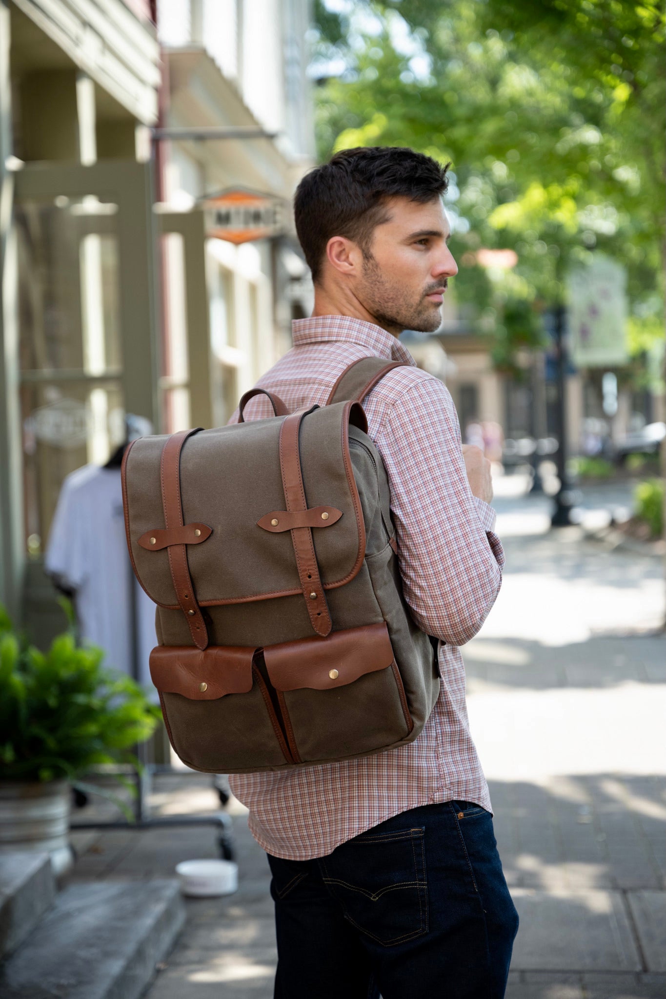 Founder's Backpack by Jackson Wayne - waxed canvas field tan, full grain leather in vintage brown - laptop backpack