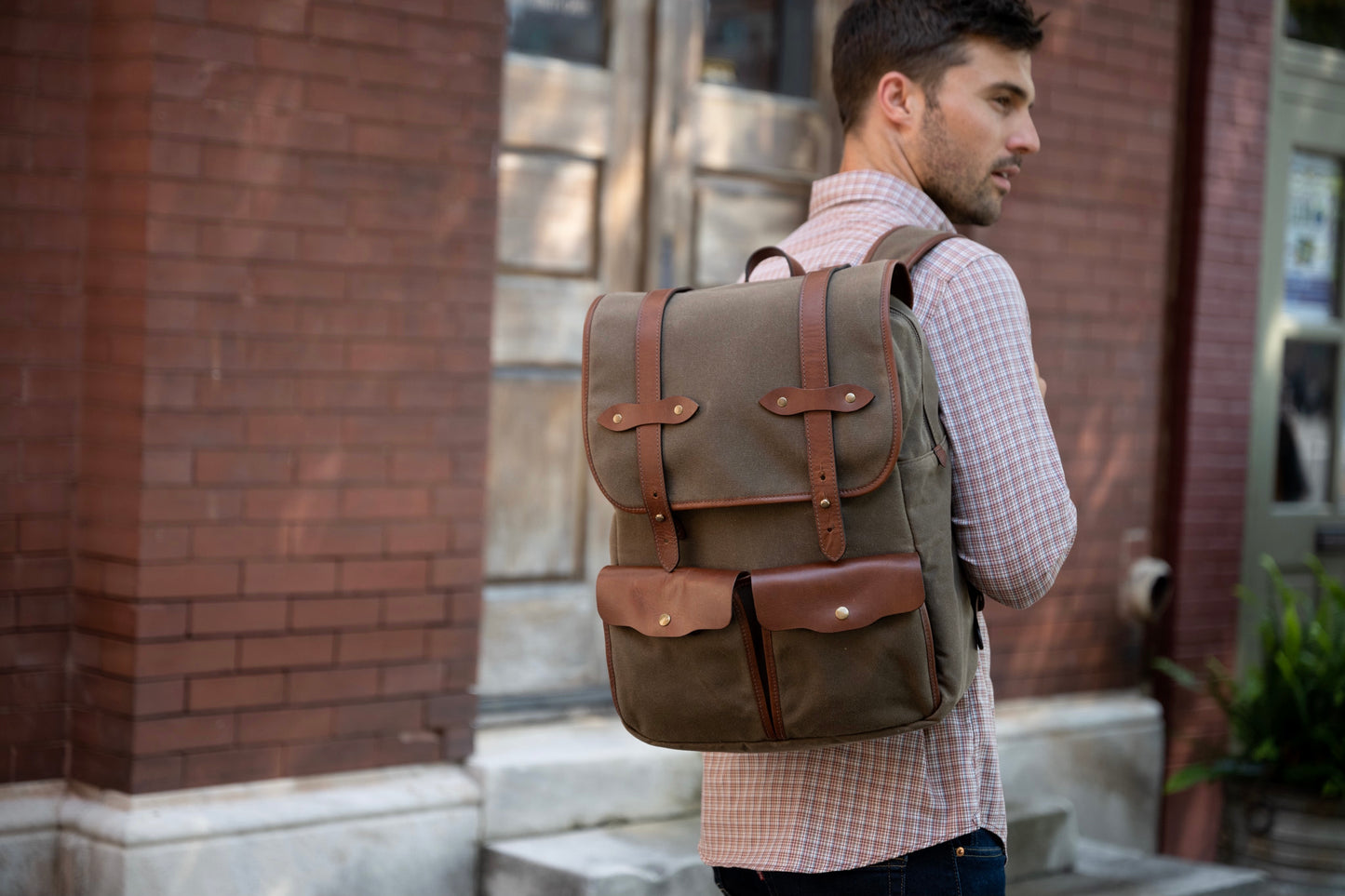 men's waxed canvas & leather backpack laptop bag - full grain leather in vintage brown