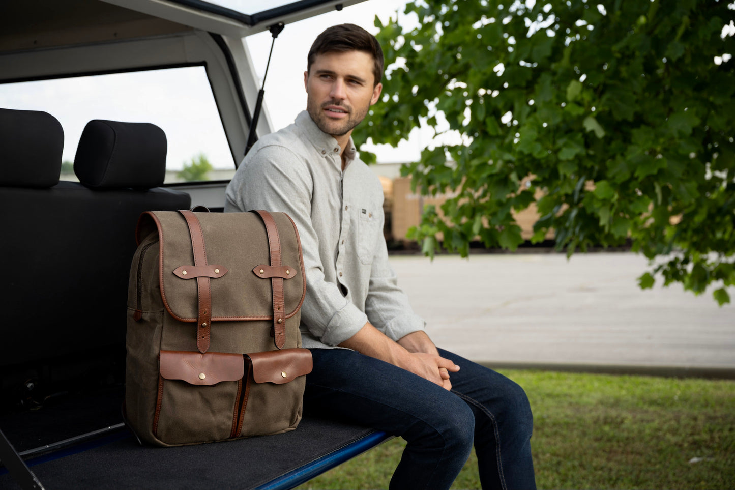 men's laptop backpack in vintage brown leather and heritage waxed canvas by Jackson Wayne