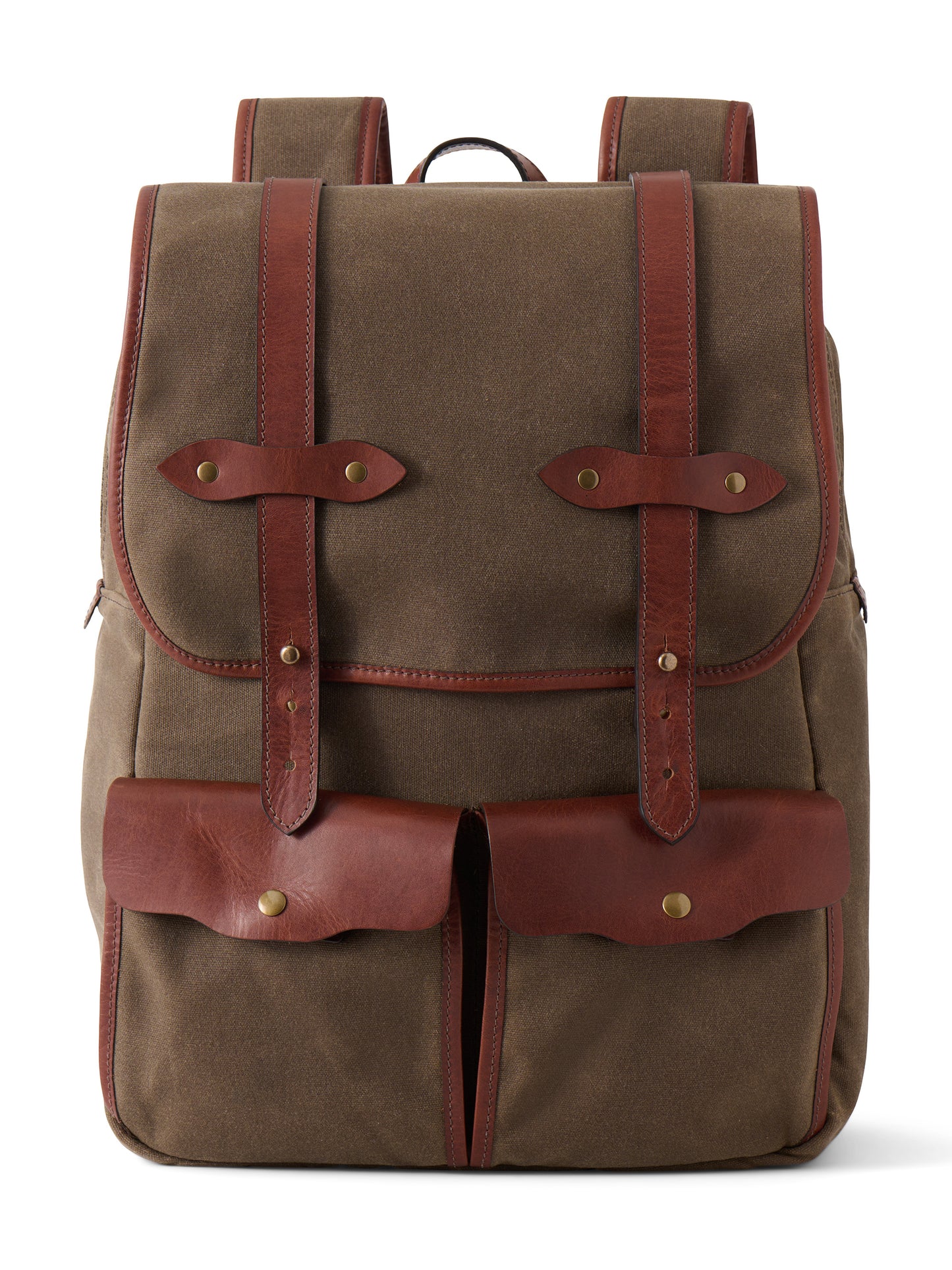Jackson Wayne Founder's Backpack - full grain leather and heritage waxed canvas, solid brass, pictured in vintage brown semi vegetable tanned leather