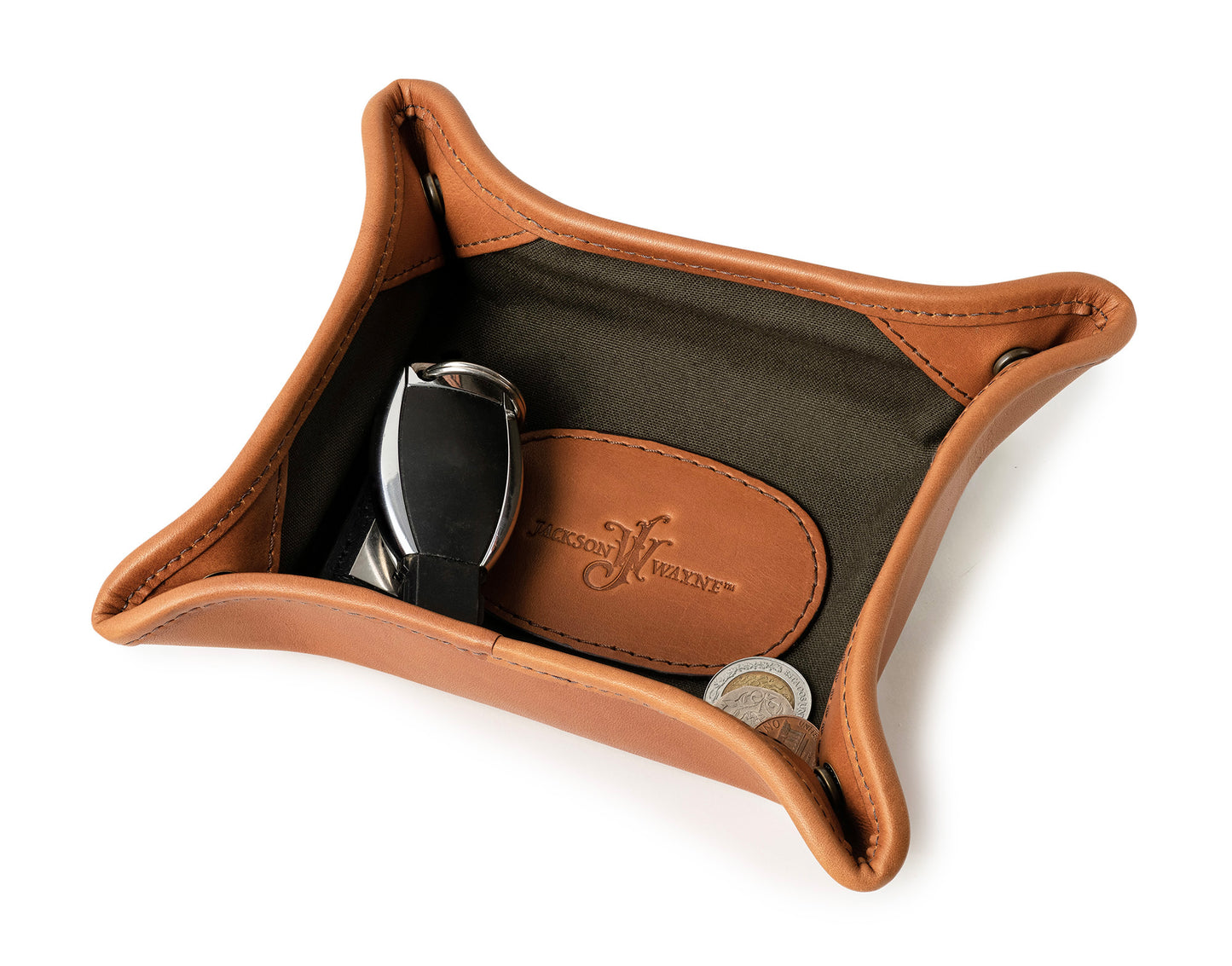 full grain leather valet tray by Jackson Wayne in saddle tan leather with keys change