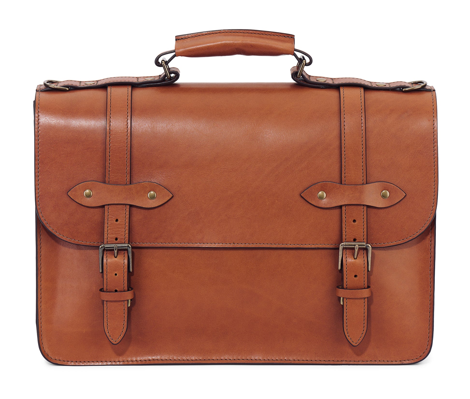 Esq. Briefcase by Jackson Wayne made of full grain leather in saddle tan color front view - lawyer's litigation briefcase