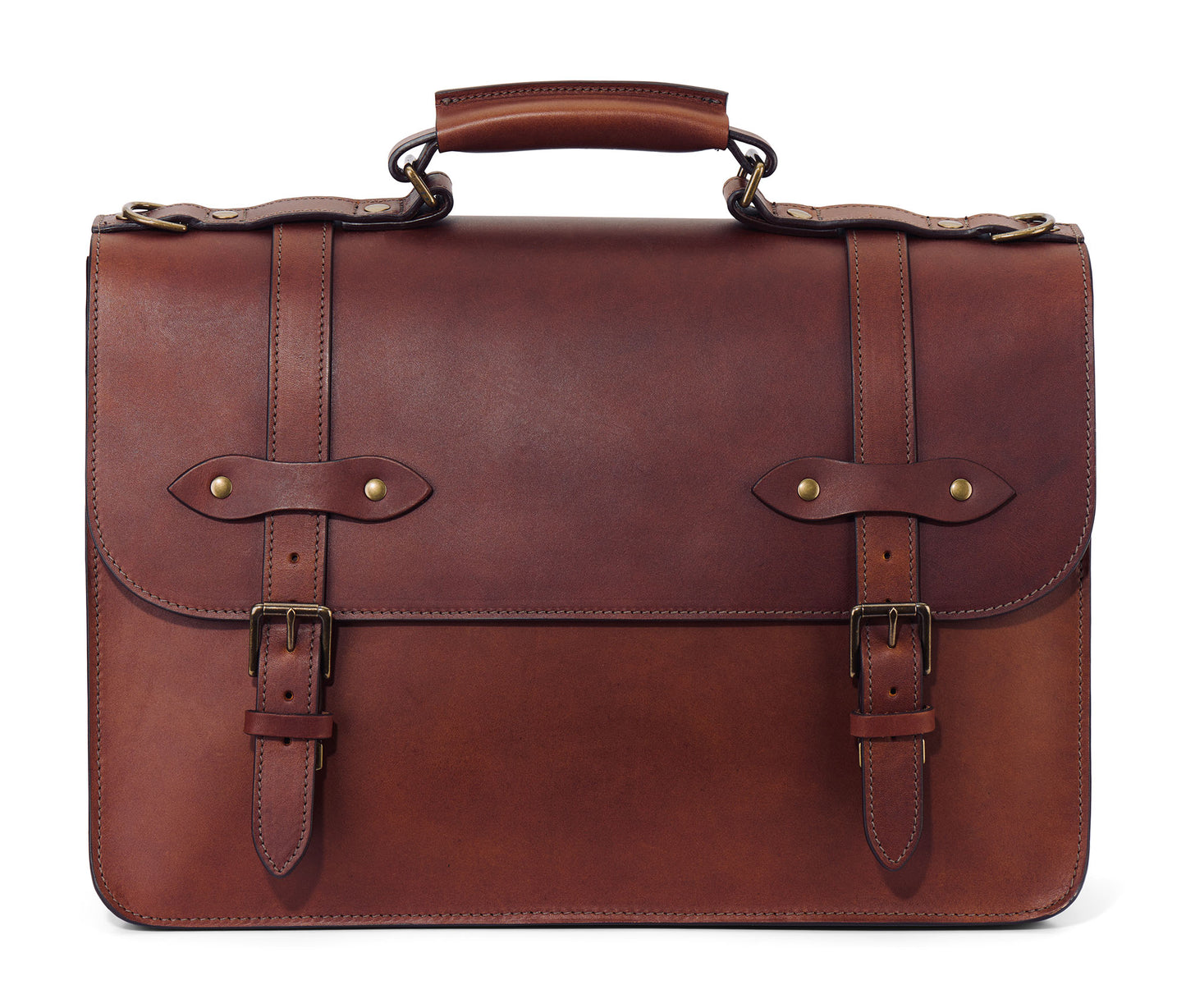 Esq. Briefcase by Jackson Wayne made of full grain semi-vegetable tanned leather front view in vintage brown color - a classic vintage design lawyer's briefcase