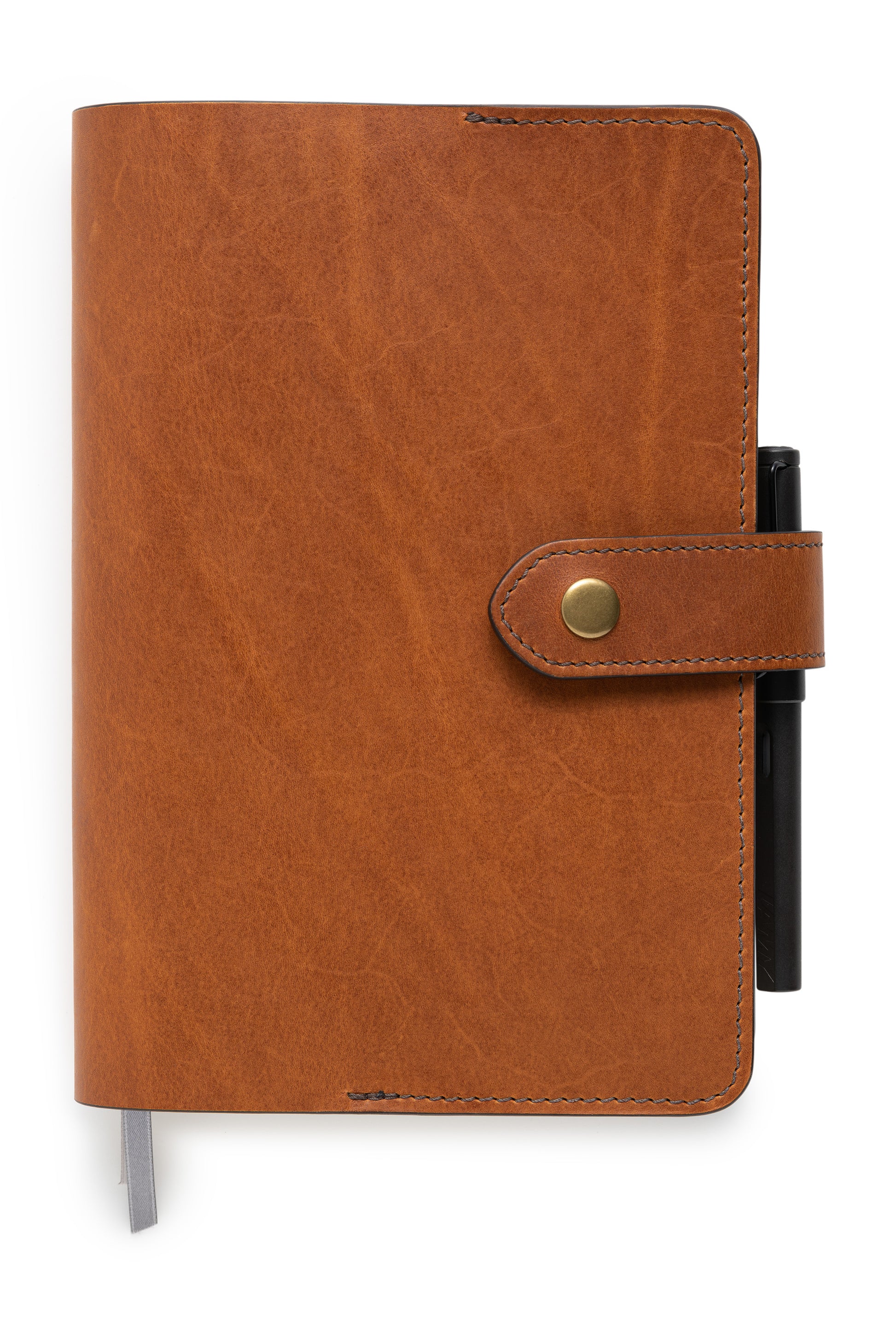 full grain leather planner cover to fit full focus planner by Michael Hyatt in saddle tan front