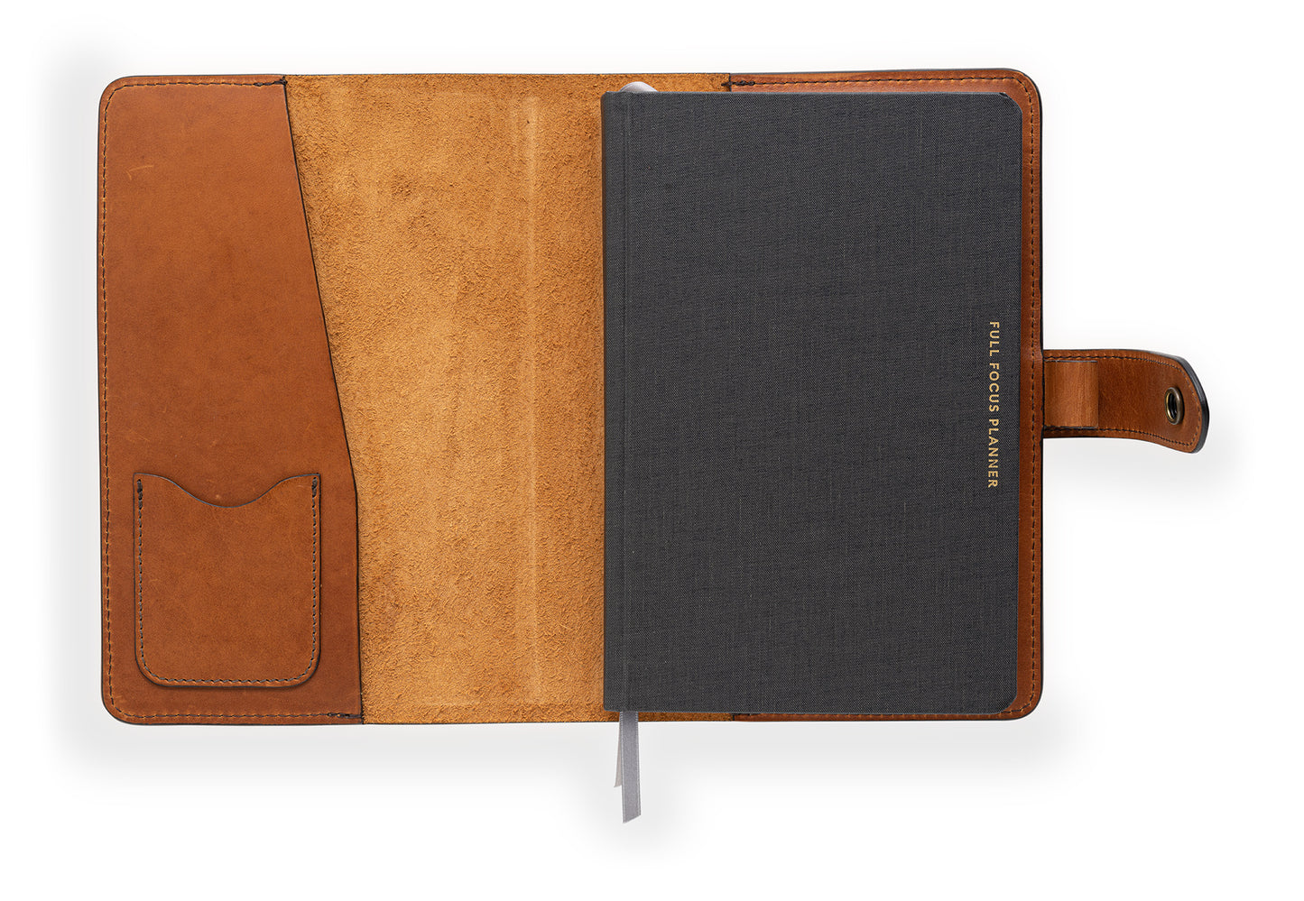 leather cover for full focus planner by Michael Hyatt pictured in saddle tan full grain leather