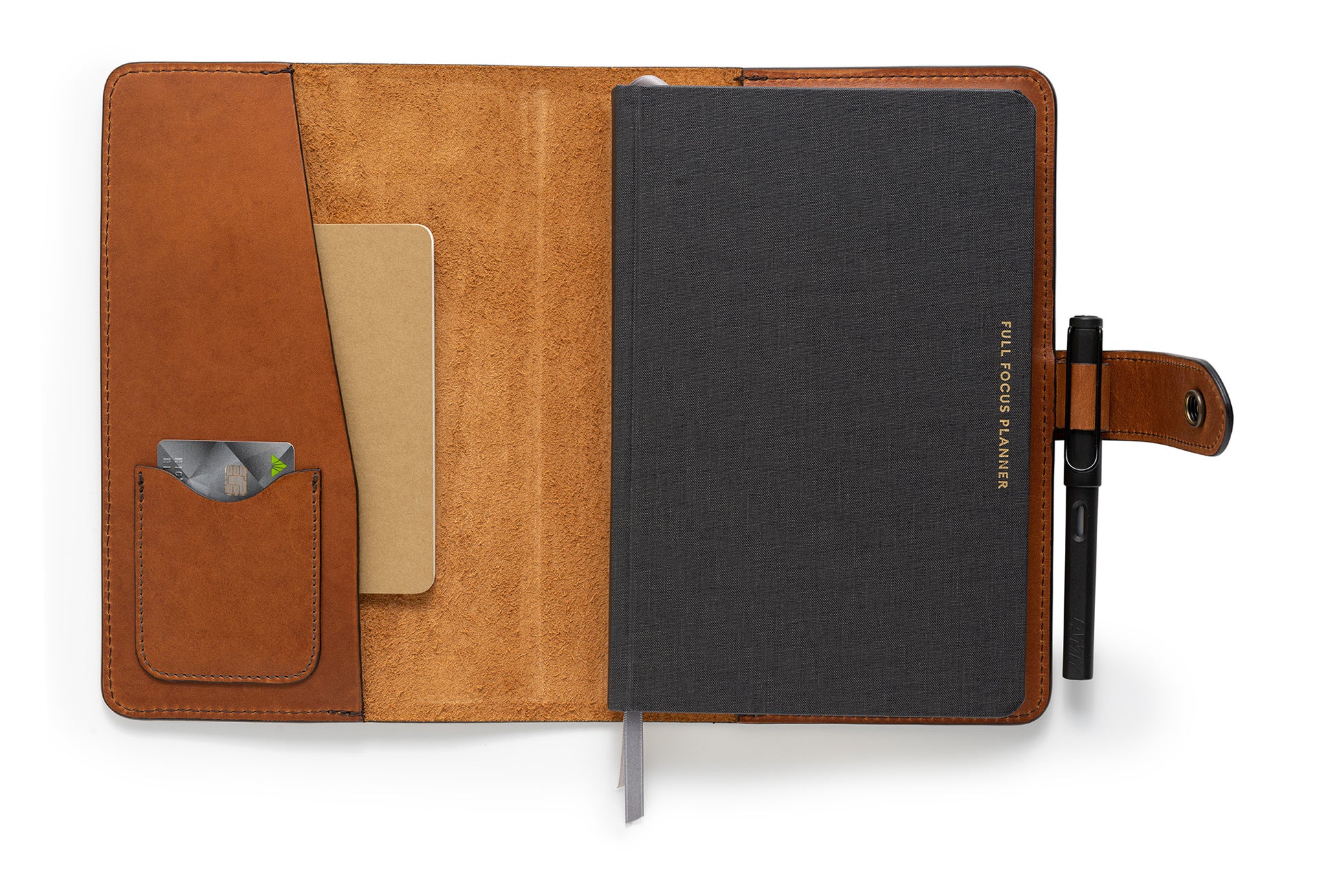 inside pockets of full grain leather planner cover to fit full focus planner by Michael Hyatt - pictured in saddle tan