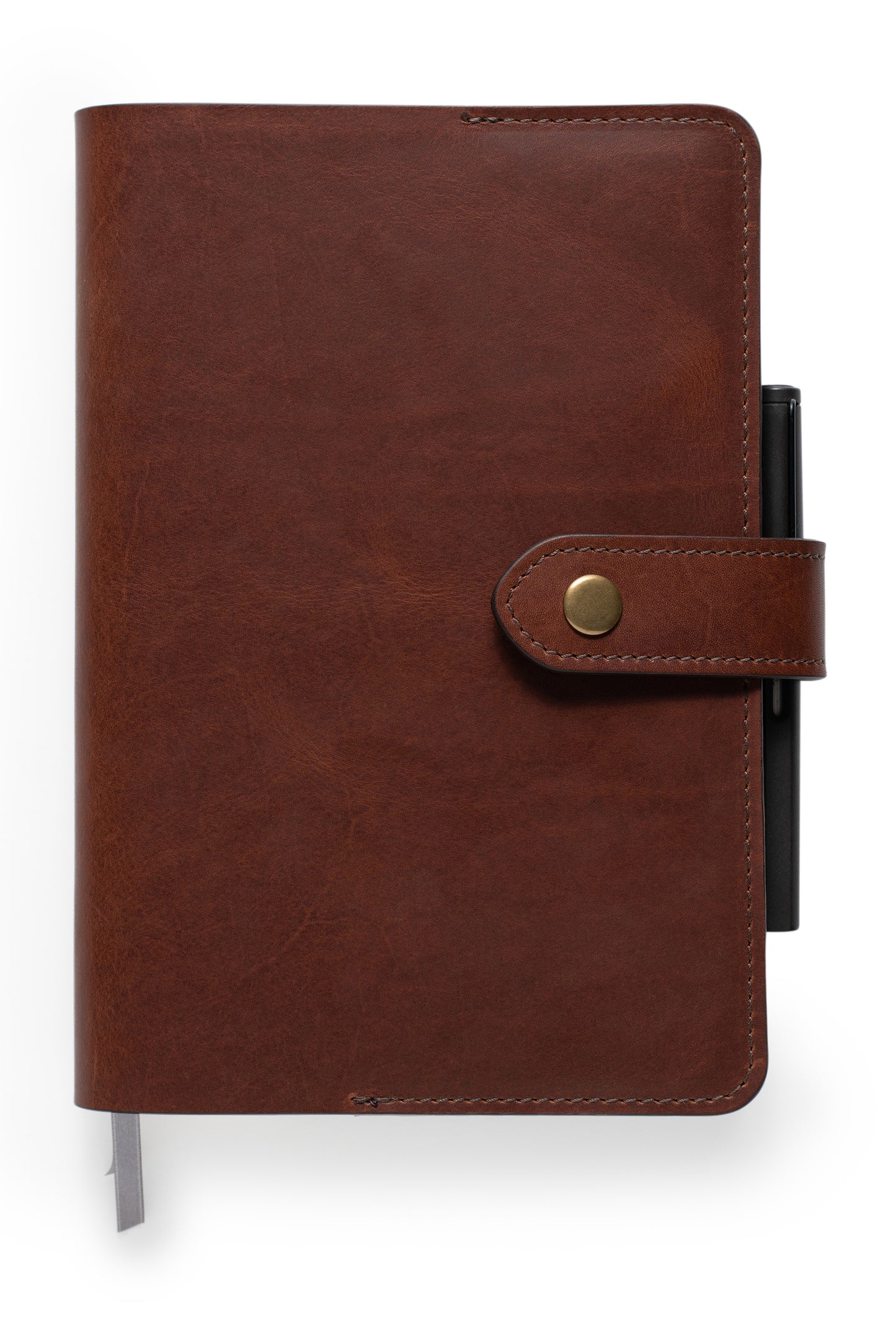 front of leather planner for full focus planner by Michael Hyatt, pictured in vintage brown full grain leather